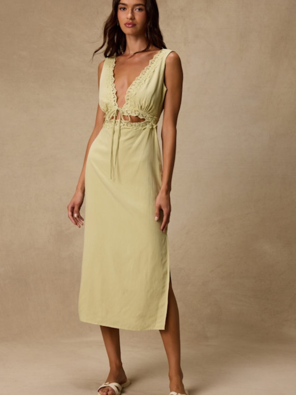 Lulus Connie Light Chartreuse Lace Tie-front Midi Dress Green - Size XL
